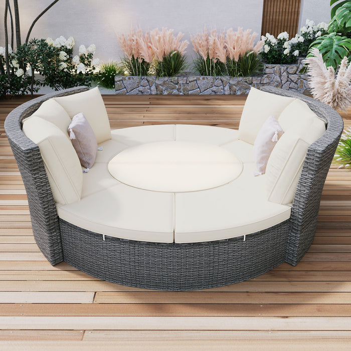 Topmax Patio 5 Piece Round Rattan Sectional Sofa Set All-Weather PE Wicker Sunbed Daybed With Round Liftable Table And Washable Cushions For Outdoor Backyard Poolside, Beige