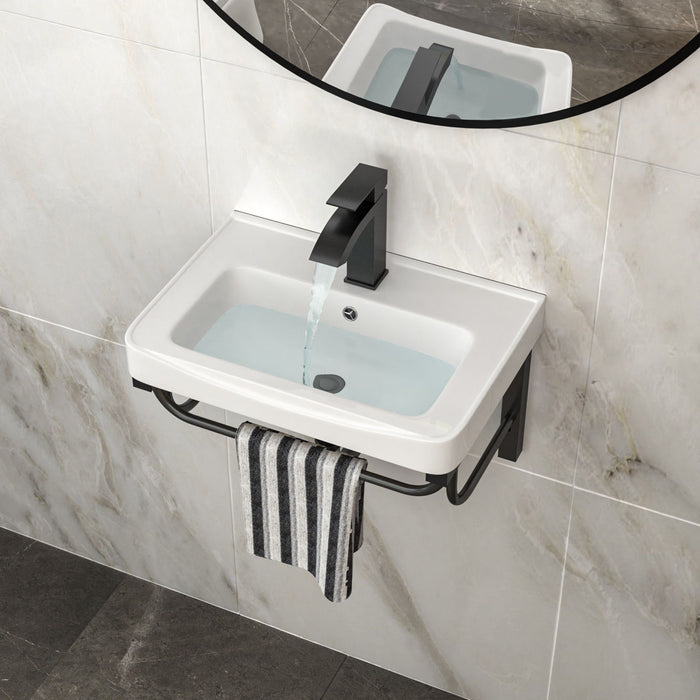 Wall Mounted Rectangular Bathroom Sink With 304 Stainless Steel Towel Bar & Overflow - White