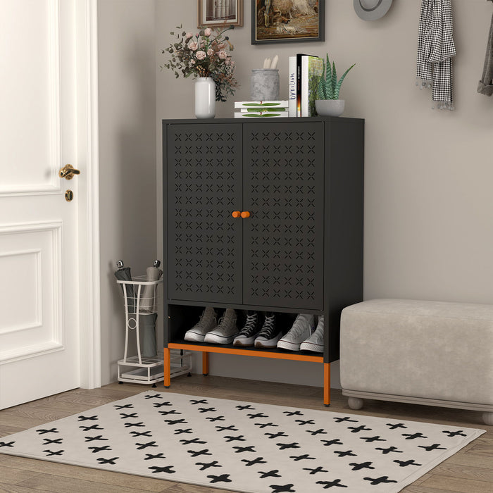 Grid Double Door Shoe Cabinet With Adjustable Compartments And Moisture-Proof Design In White Metal