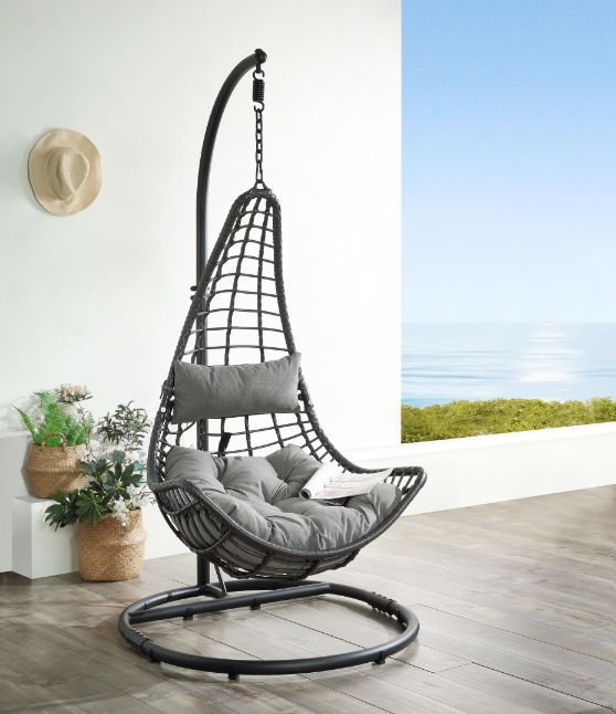 Uzae - Hanging Chair - Gray Fabric & Charcoal Wicker