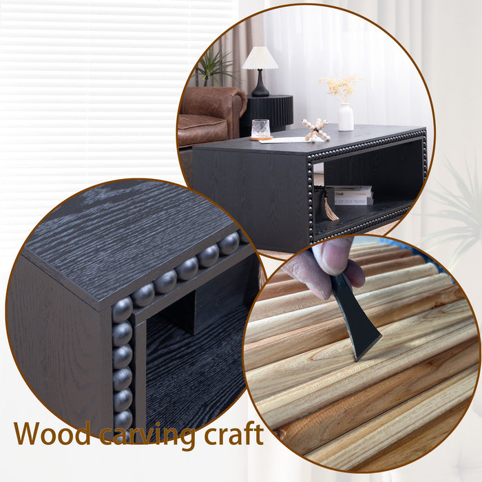 Beaded Edge Coffee Table, Rectangular Center Table With Open Storage Shelf - Black