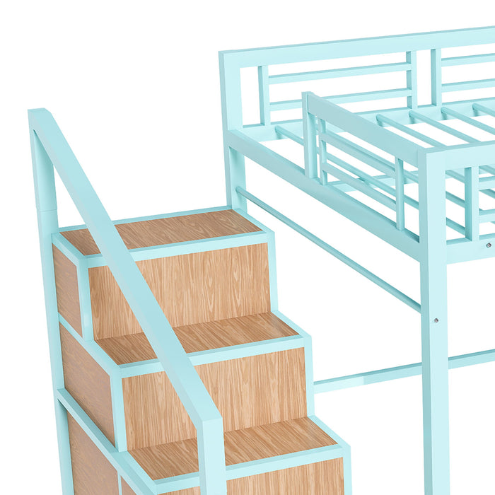 Heavy Metal Frame Full Loft Bed With Desk & Storage, 4 Cabinets, Staircase, Rack Space Saver - Green