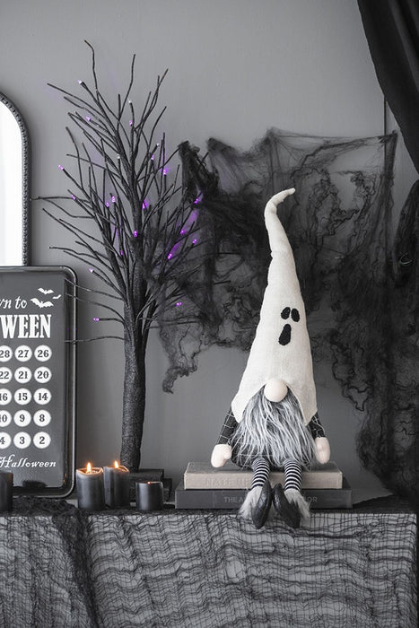 Sitting Gnome With Ghost Hat, For Halloween Decor - Black White