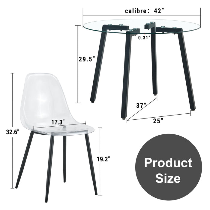 Modern Simple Style Round Transparent Tempered Glass Table, Black Metal Legs, 6 Piece Set of Modern Minimalist Transparent Dining Chairs With Black Metal Legs, Drt - 1123R Tw - 1200