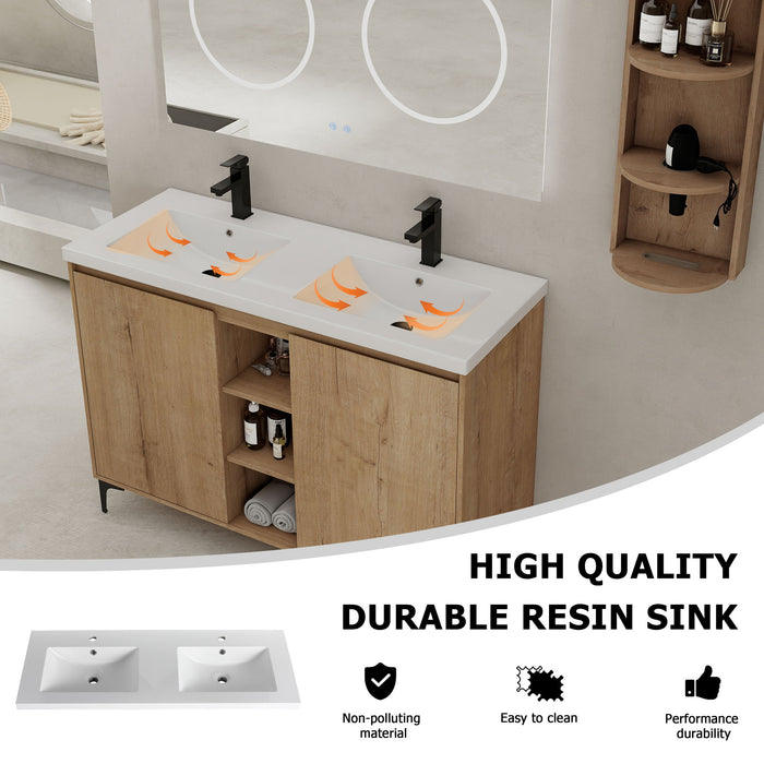 Elegant 48" Freestanding Bathroom Vanity With Double Resin Sink And Storage Rack Soft Close Doors - Imitative Oak