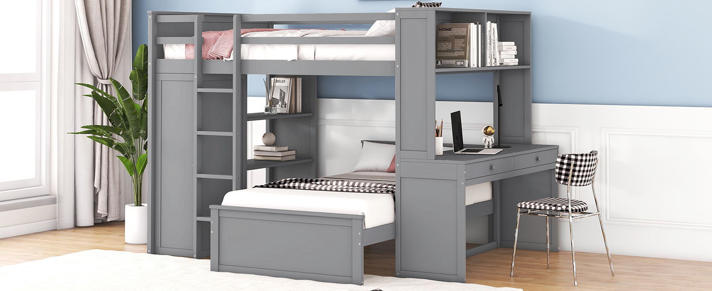 Loft Bed With A Twin Size Standalone Bed, Shelves, Desk, And Wardrobe