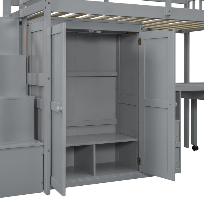 Loft Bed With Stairs, Bookshelf, Drawers, Desk & Wardrobe, Space Saving Multifunctional Furniture