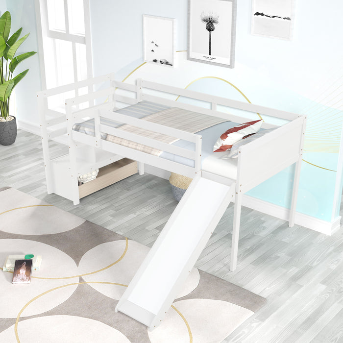 Twin Low Loft Bed With Stairs And Slide - White