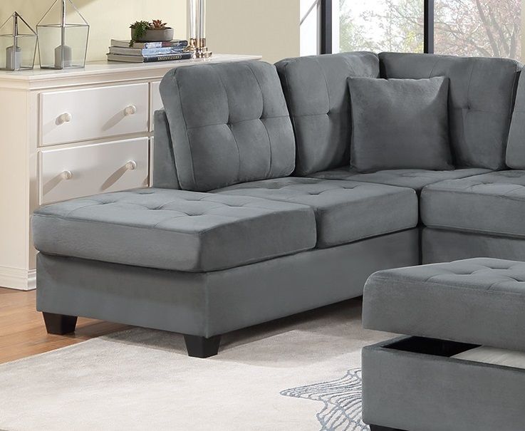 Dark Gray Plush Microfiber Living Room Furniture 3 - Pieces Reversible Sectional Sofa Set Sofa Width Cup Holder Reversible Chaise And Storage Ottoman