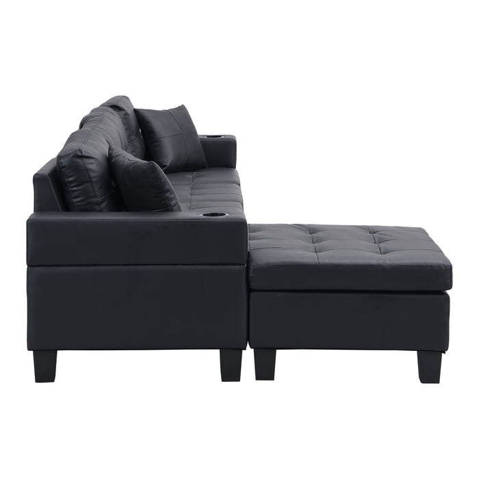 Sectional Sofa Set For Living Room With L Shape Chaise Lounge, Cup Holder And Left Or Right Hand Chaise Modern 4 Seat Black