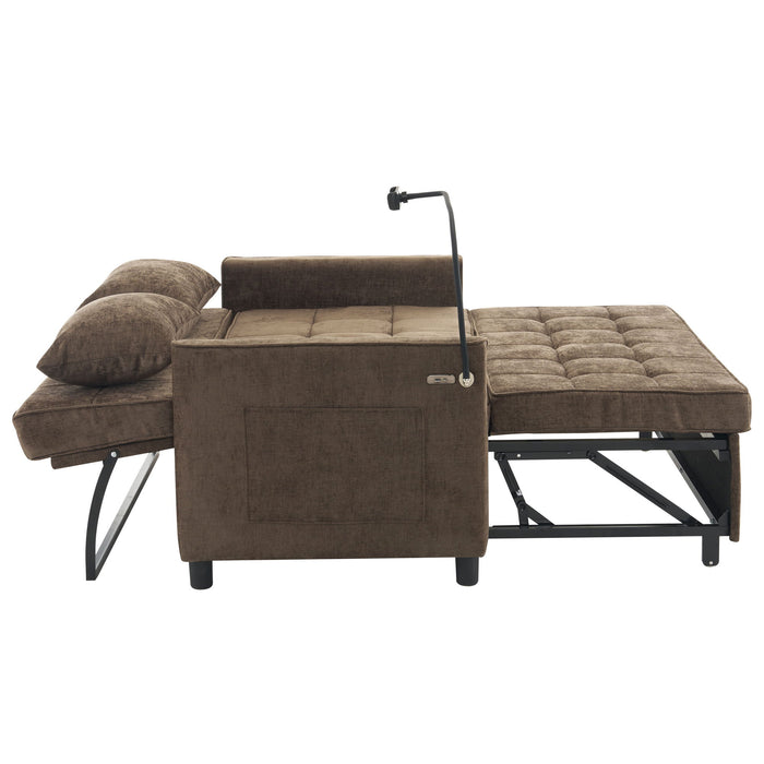 Pull-Out Sleeper Sofa With Reversible Backrest Cushion, Side Pockets, 2 USB Ports And A Phone Holder For Living Room