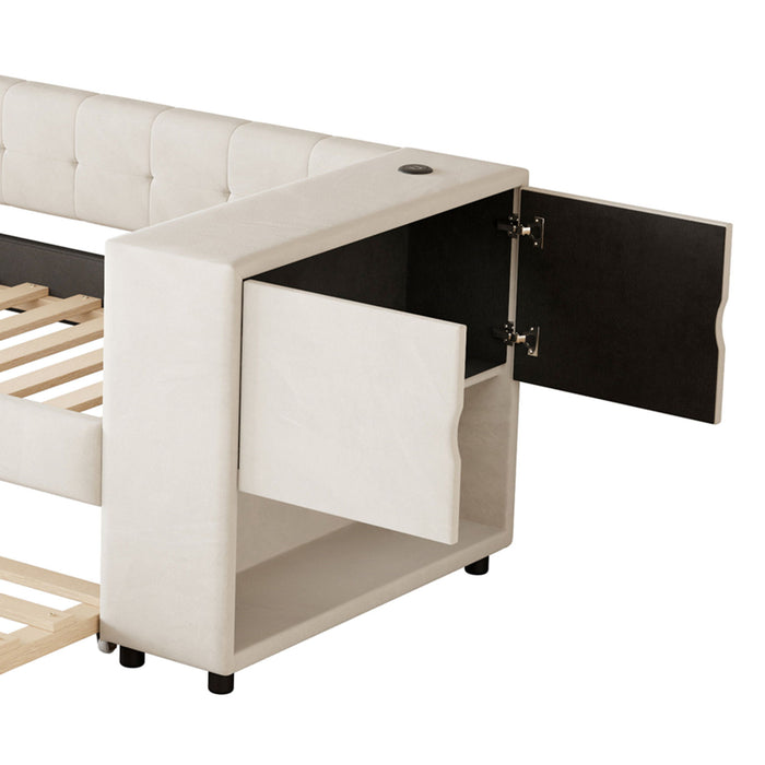 Upholstered Bed With Storage And Twin Trundle, USB Charging Ports