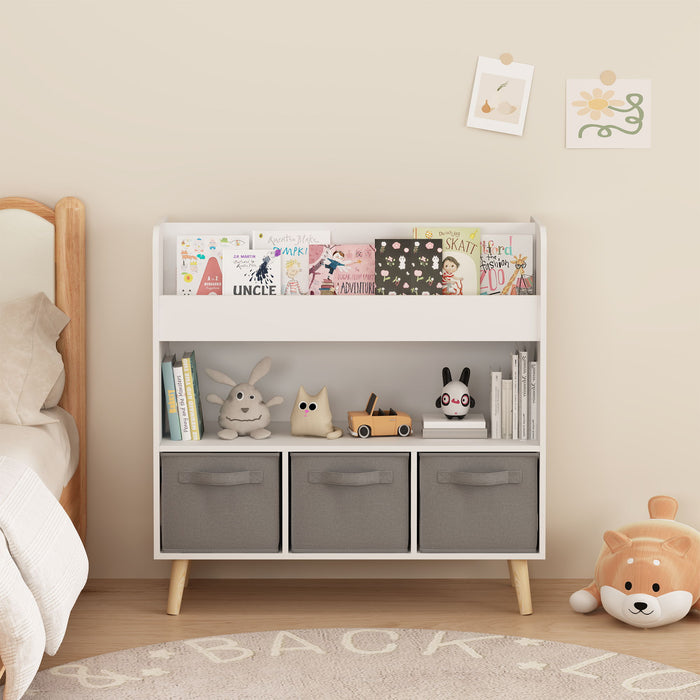 Bookshelf With 3 Bins, Storage Shelf For Toys And Books - White