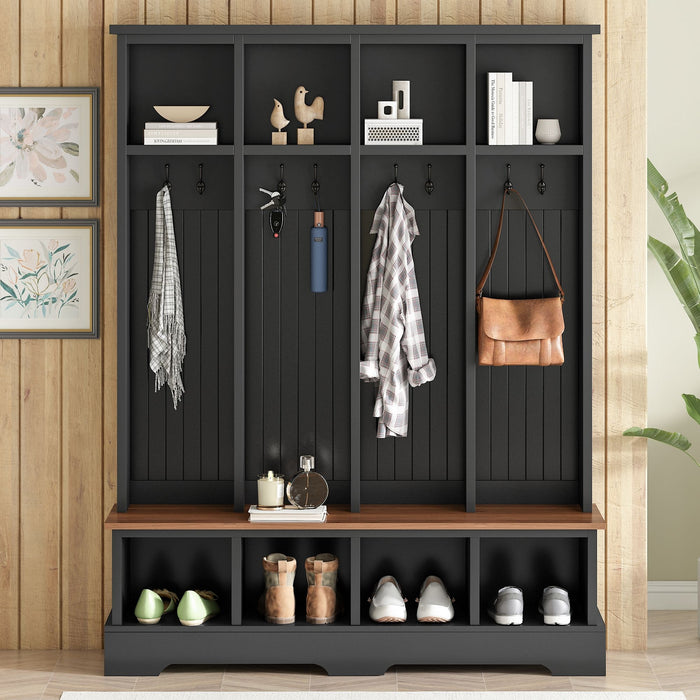 Hall Tree With 8 Hooks, Practical Entryway Bench With Open Compartments