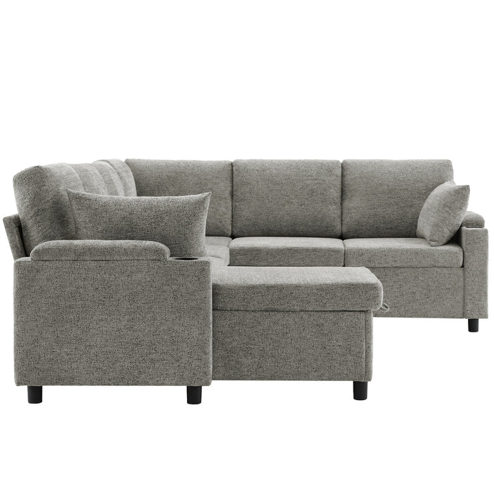 U-Shaped Sectional Sleeper Sofa With Ample Storage Space, 2 Cup Holders And Charging Ports For Living Room
