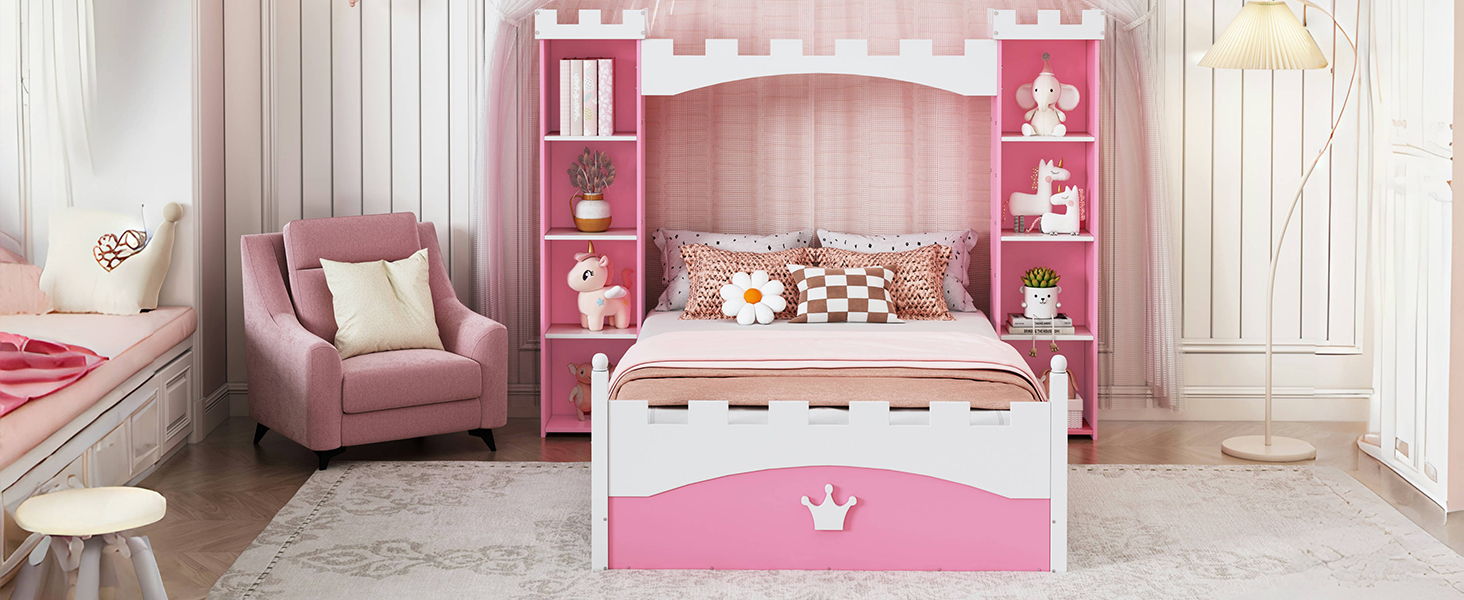 Castle Shaped Bed With Storage Shelf, Dreamy Platform Bed For Kids Bedroom