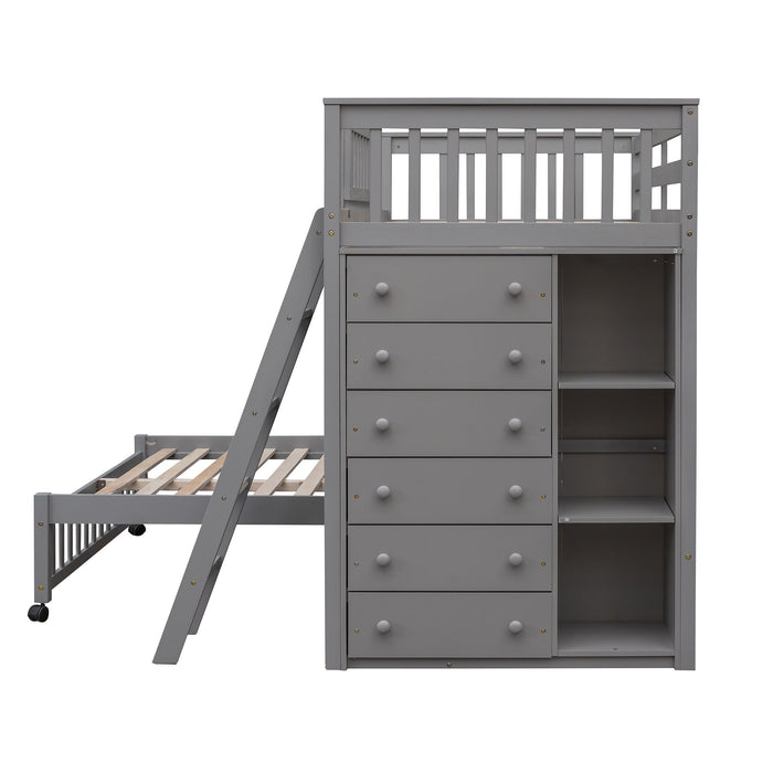 Bunk Bed With 6 Drawers And Flexible Shelves, Bottom Bed With Wheels
