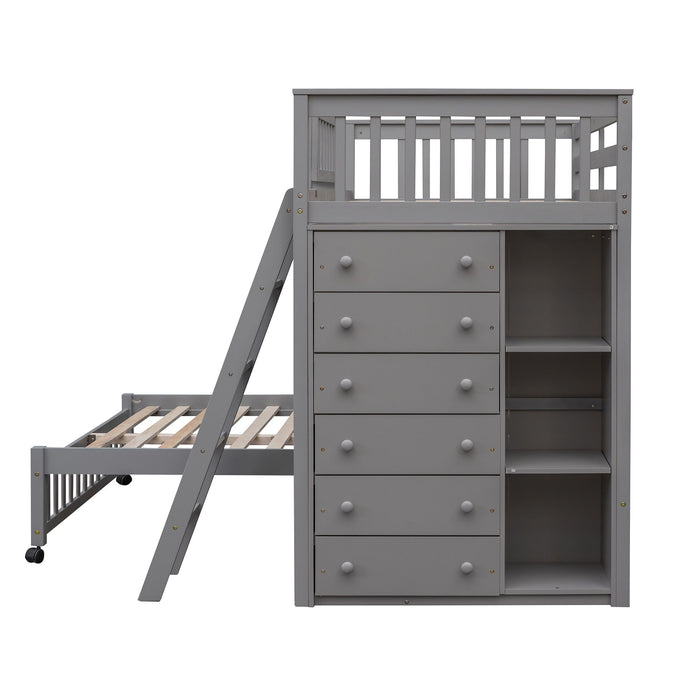 Wooden Twin Over Full Bunk Bed With Six Drawers And Flexible Shelves, Bottom Bed With Wheels, Gray (Old Sku:Lp000531Aae)