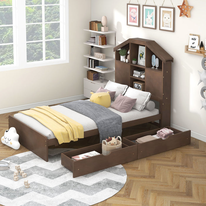 Twin Size Wood Platform Bed With House Shaped Storage Headboard And 2 Drawers, Walnut
