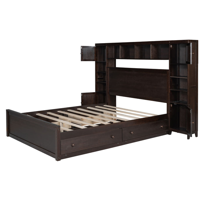 Queen Size Wooden Bed With All In One Cabinet, Shelf And Sockets - Espresso