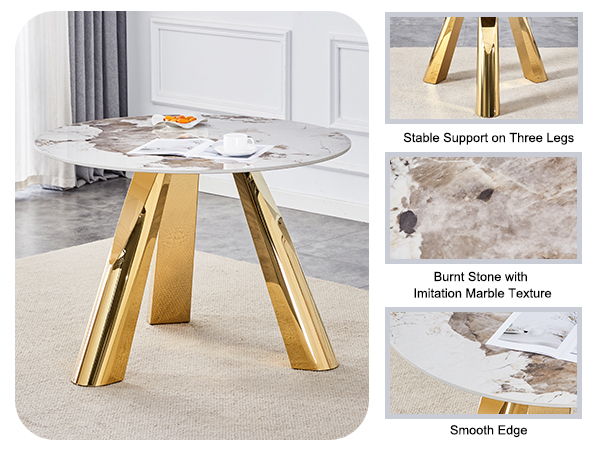 Marble Grained Stone Round Table Three - Legged Round Table With Stainless Steel Plated Legs Natural Healthy And Environmentally Friendly Round Table