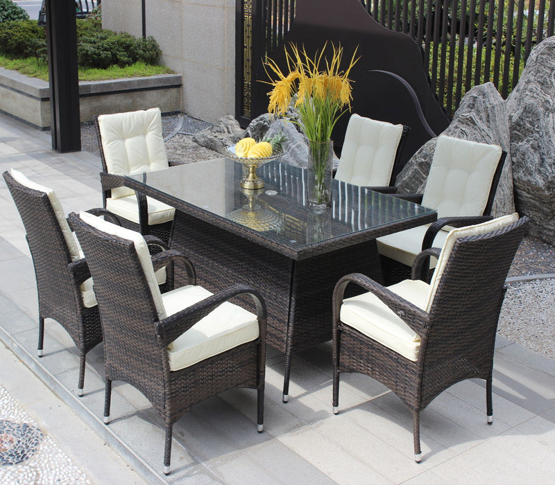 Patio 7 Piece Rectangular Dining Set With 6 Dining Chairs (Brown & Beige Cushion)
