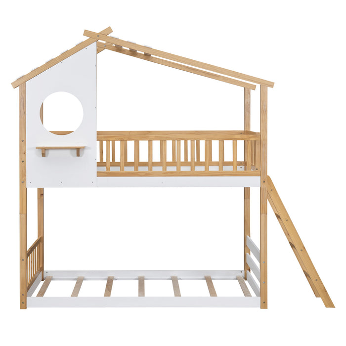 Twin Over Twin Bunk Bed Wood Bed With Roof, Window, Ladder, Natural (Old Sku :Lt100008Aad)