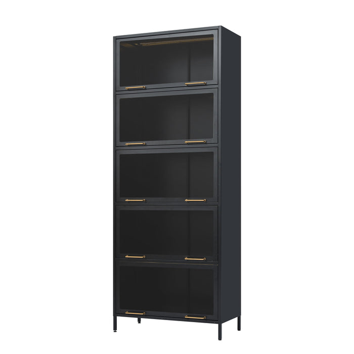 Modern Steel Display Cabinet With Glass Doors And LED Lights, 5 Tier Steel Barrister Bookcase For Home Or Office - Black