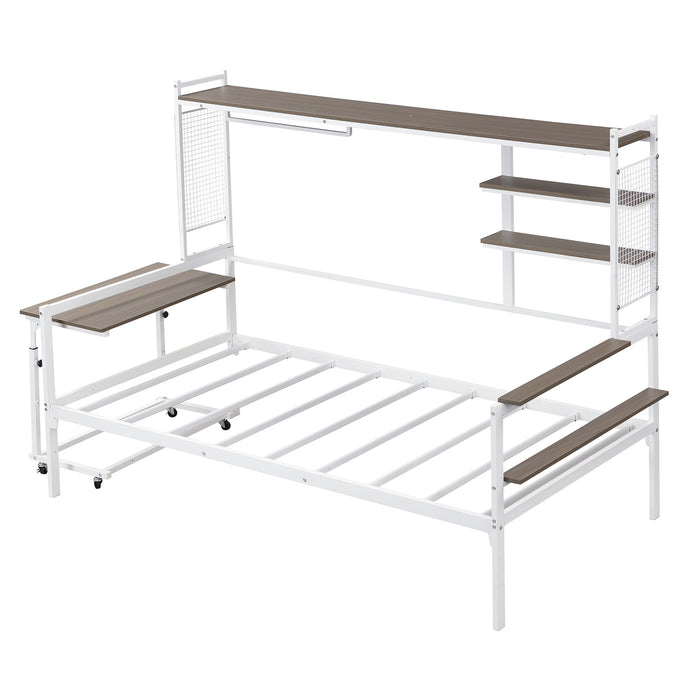 Daybed With Movable Desk, Grid, Shelves And Clothes Hanger