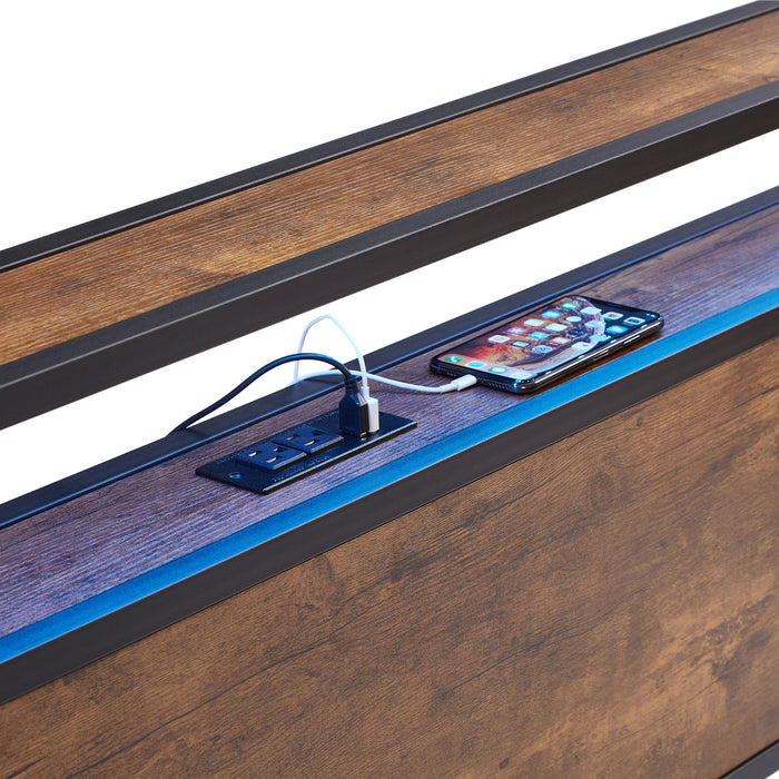 Metal Platform Bed Frame With Wooden Headboard And Footboard With USB Liner, LED Lights, No Box Spring Needed, Large Under Bed Storage