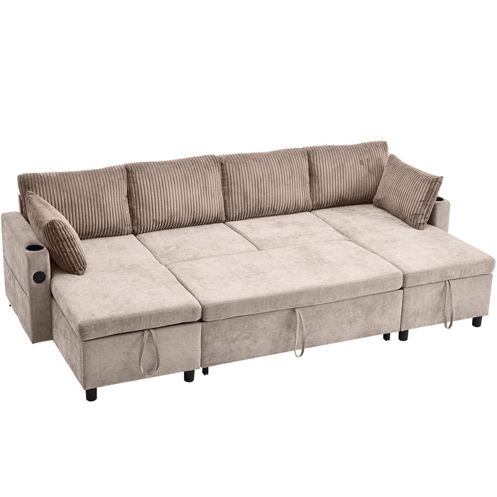 Sectional Sofa Bed With Pull Out Sleeper, USB Ports, Cup Holders