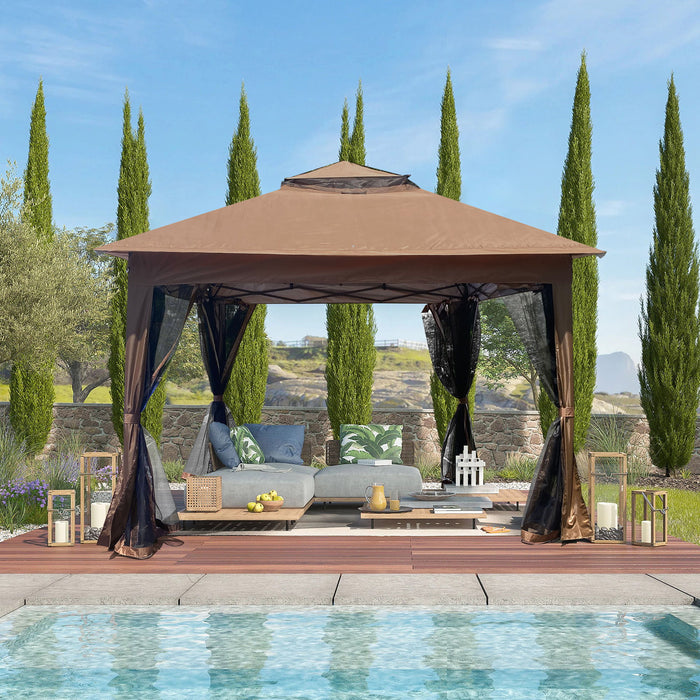 Outdoor Pop Up Gazebo Canopy With 2 Tier Soft Top And Removable Zipper Netting