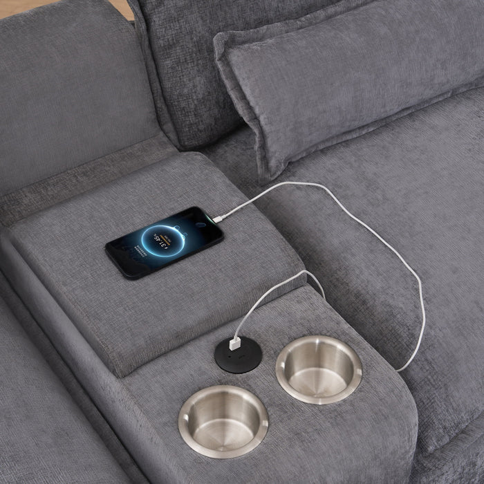 U Shaped Sofa With Console, Cupholders, USB Ports, 6 Seat, Bronzing Suede & Chenille