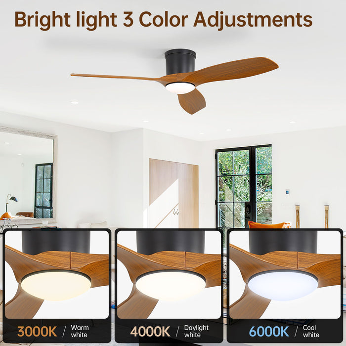 Flush Mount Ceiling Fan With Dimmable LED Light, 3 Blades, Reversible DC Motor Blades For Living Room