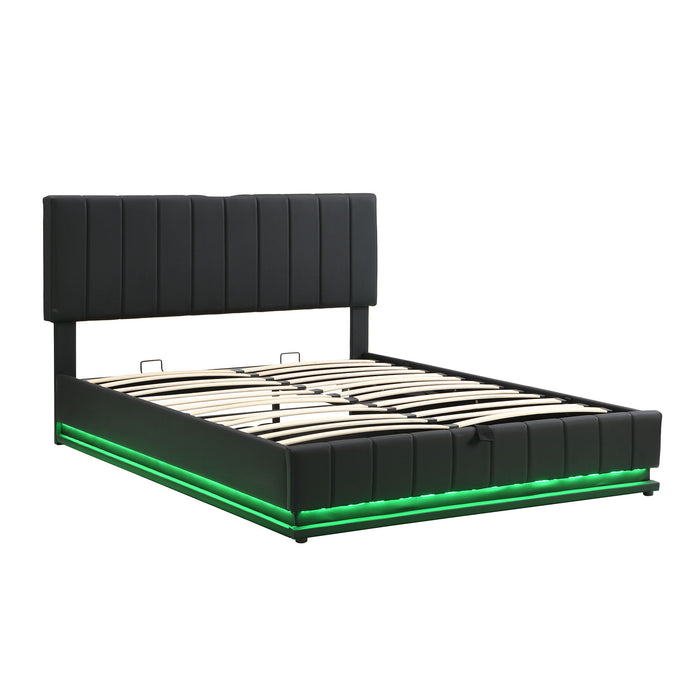 Upholstered Bed With Hydraulic Storage System And LED Light, With Sockets And USB Ports