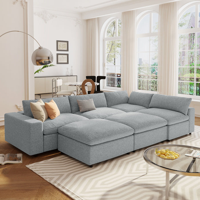 U - Style Down Filled Upholstered Sectional Sofa Set, For Living Room, Apartment, Spacious Space (6 Seater) - Light Gray