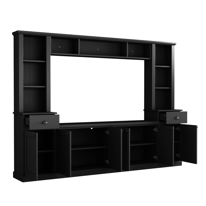 On Trend Minimalist Entertainment Wall Unit Set With Bridge For TVs Up To 75 Inches, Ample Storage Space TV Stand With Adjustable Shelves, Modernist Large Media Console For Living Room, Black