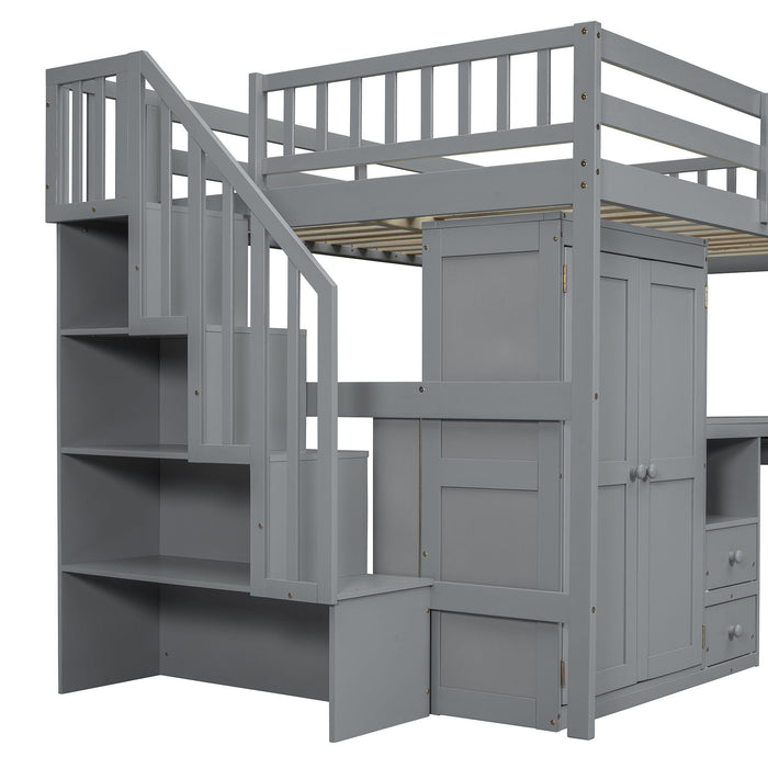 Loft Bed With Stairs, Bookshelf, Drawers, Desk & Wardrobe, Space Saving Multifunctional Furniture