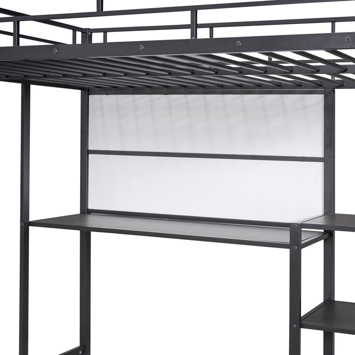 Metal Loft Bed With Desk, 3 Shelves And Ladder