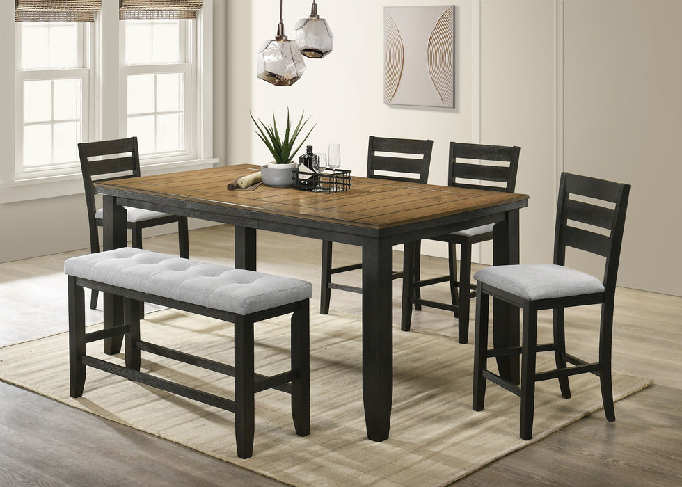Contemporary 6 Pieces Counter Height Dining Set 18" Extendable Leaf Table Gray Fabric Upholstered Chair Bench Seats Wheat Charcoal Finish Wooden Solid Wood Dining Room Wooden Furniture