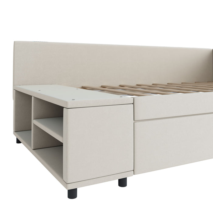 L Shaped Upholstered Platform Bed With Storage And Drawers