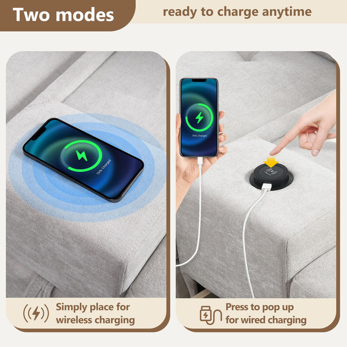 Sectional With Acrylic Table Top U Shaped Couch Set With 2 Consoles USB Charger, Storage Drawers And Pockets Movable Ottoman Tufted Sofa