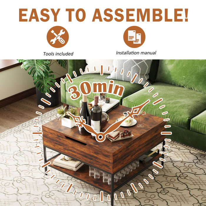 Rustic Flip Top Coffee Table With Hidden Storage - Black / Brown