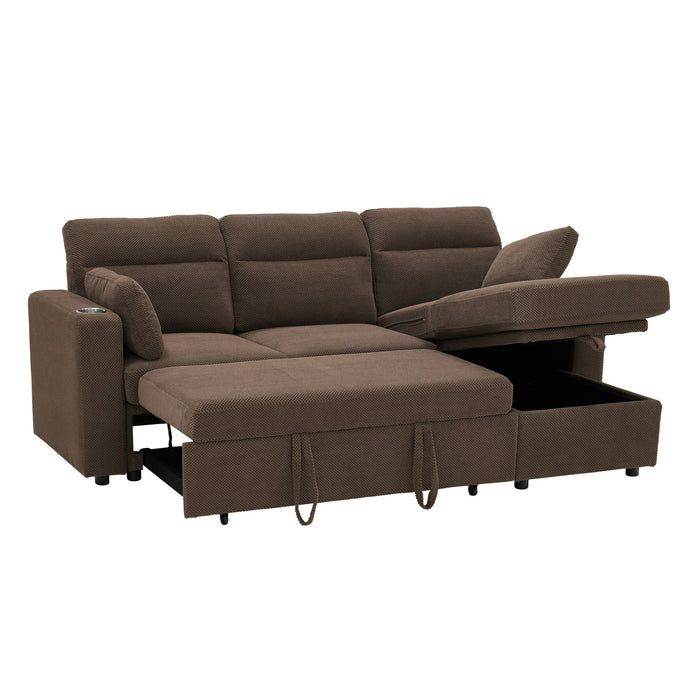 Convertible L - Shaped Sectional Sofa Bed With Storage Chaise, Cup Holders