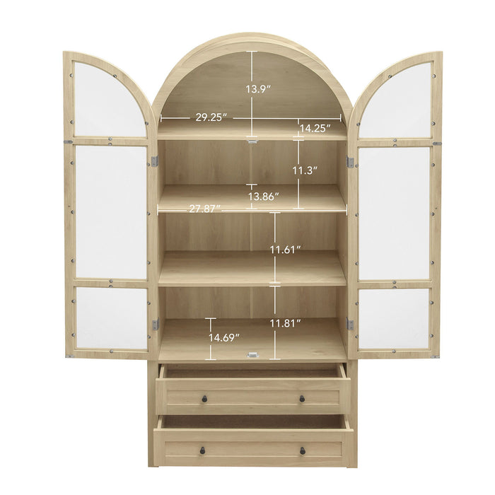 Tall Arched Kitchen Pantry, Modern Farmhouse Wood Kitchen Storage Cabinets, Arched Storage Display Cabinet With Adjustable Shelves, Versatile Cupboard For Kitchen, Dining Room, Living Room - Natural