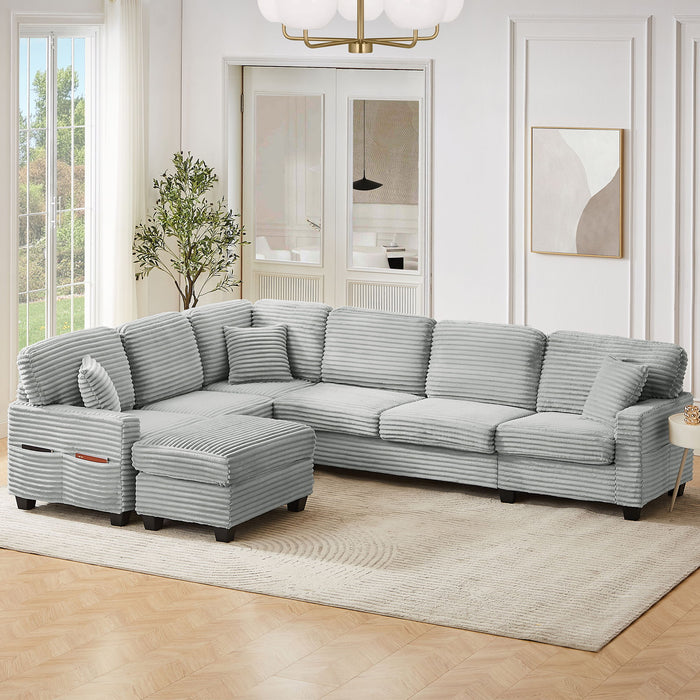 Upholstered U-Shaped Sectional Sofa With Movable Ottoman And Side Storage Pockets
