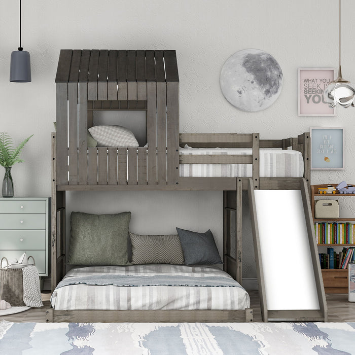 Loft Bunk Bed With Playhouse, Farmhouse, Ladder, Slide And Guardrails