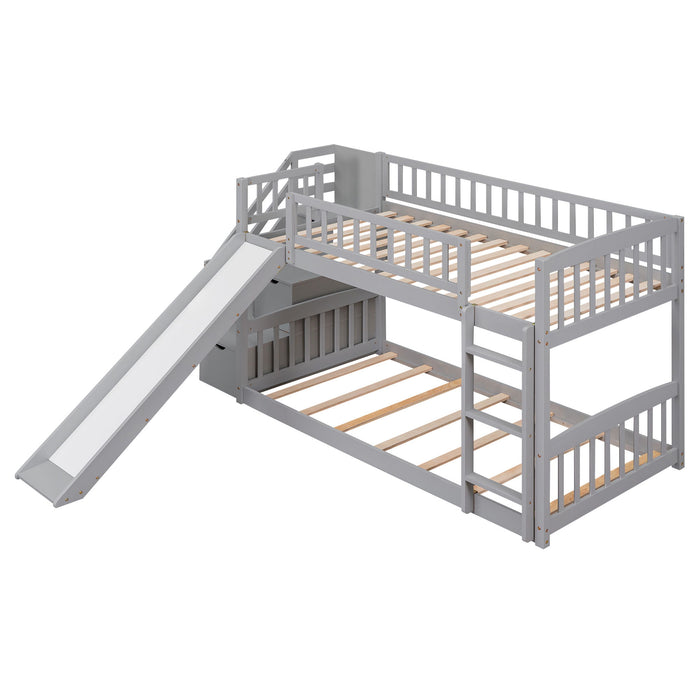 Twin Over Twin Bunk Stairway Bed With 2 Drawers And Slide - Gray