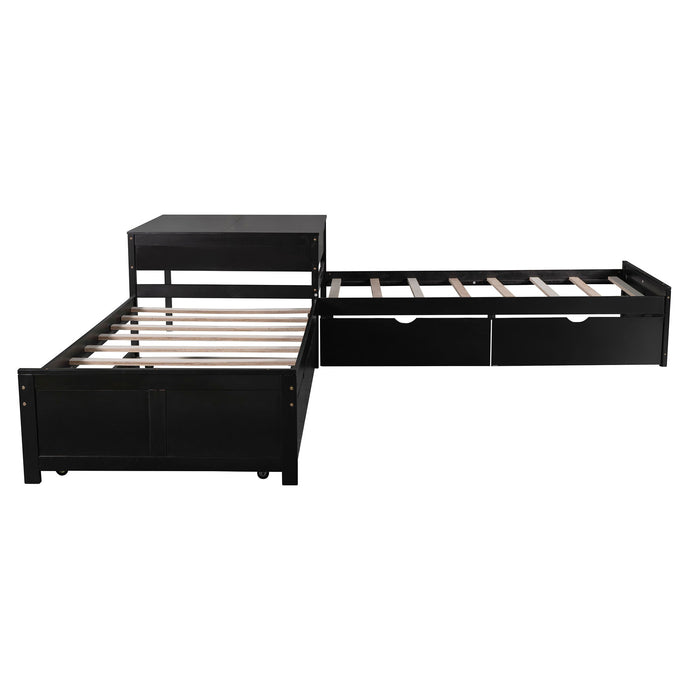 L Shaped Platform Bed With Trundle And Drawers Linked With Built In Desk