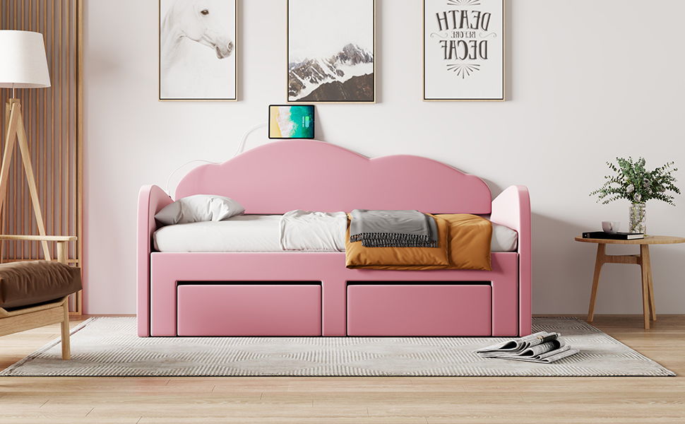 Upholstered Daybed With Cloud-Shaped Backrest, Trundle & 2 Drawers And USB Ports
